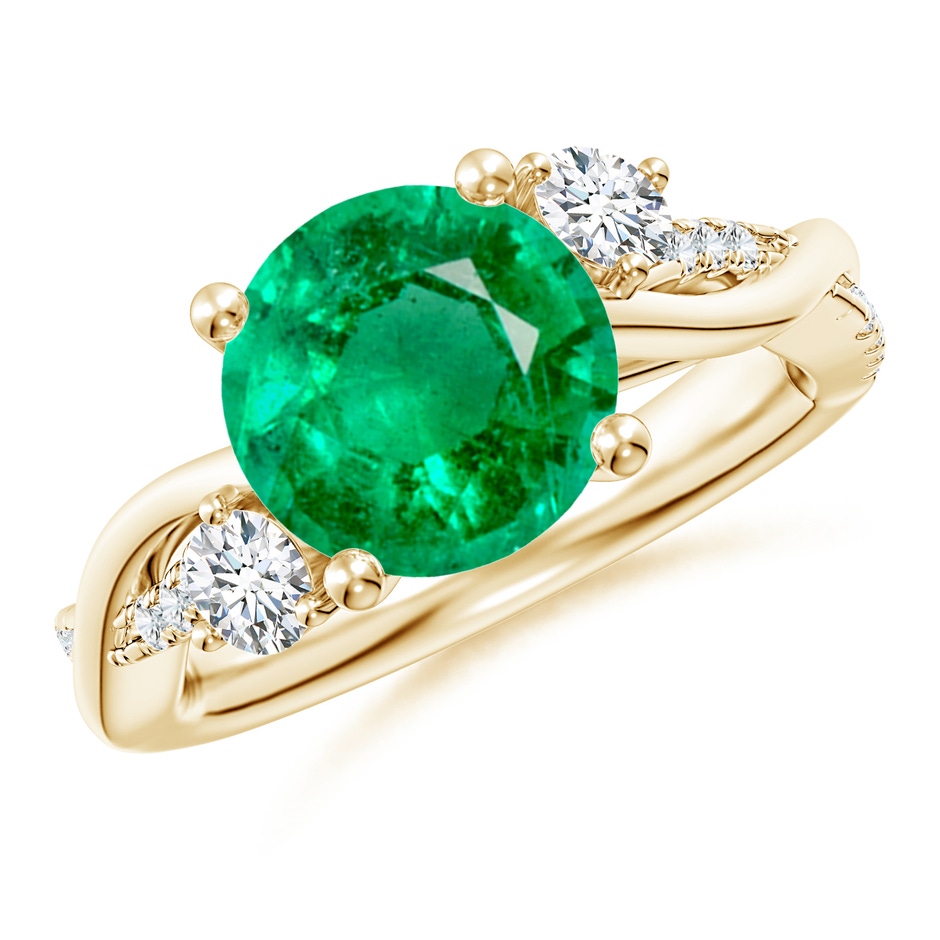 9mm AAA Nature Inspired Emerald & Diamond Twisted Vine Ring in Yellow Gold 