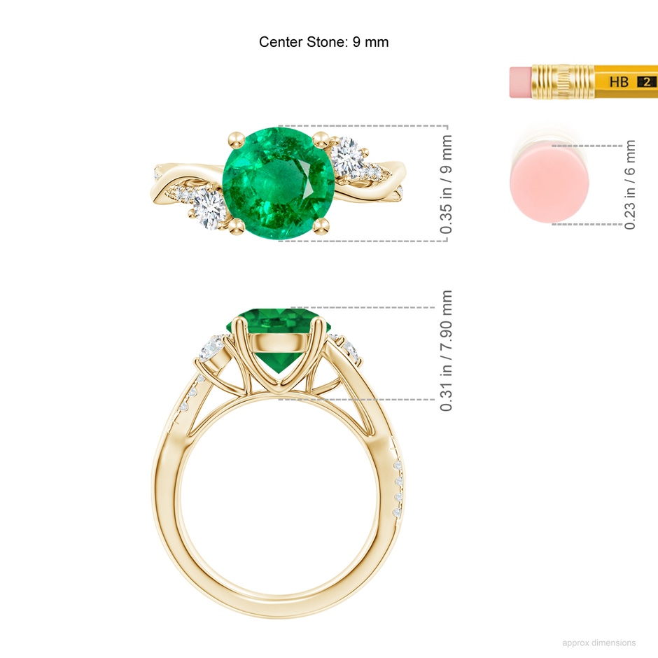 9mm AAA Nature Inspired Emerald & Diamond Twisted Vine Ring in Yellow Gold ruler