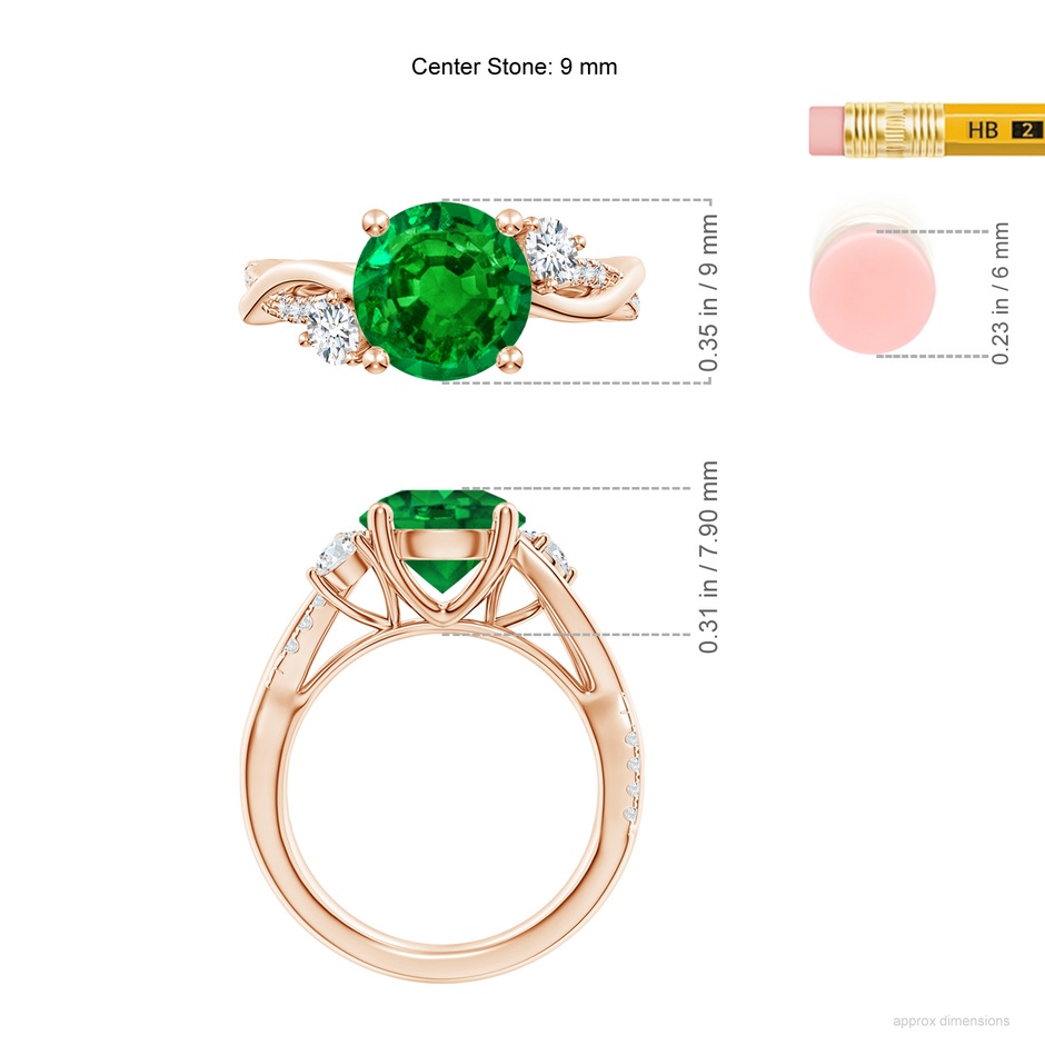9mm AAAA Nature Inspired Emerald & Diamond Twisted Vine Ring in 18K Rose Gold ruler
