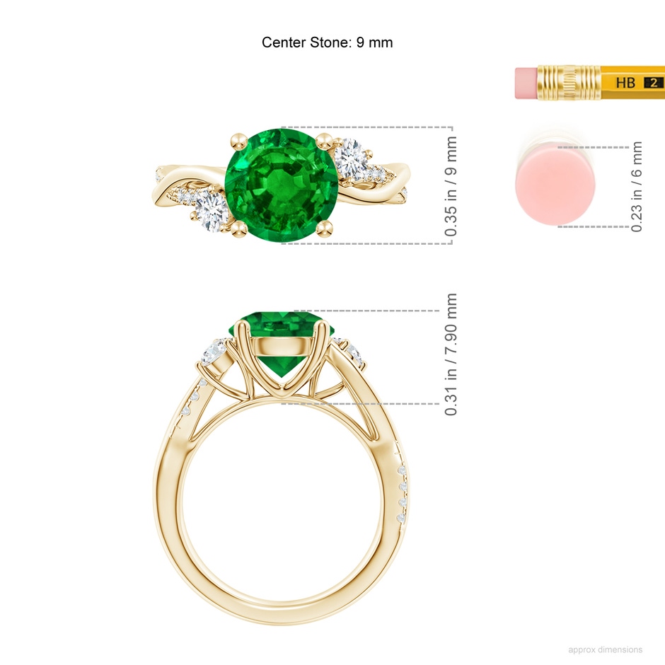 9mm AAAA Nature Inspired Emerald & Diamond Twisted Vine Ring in Yellow Gold ruler