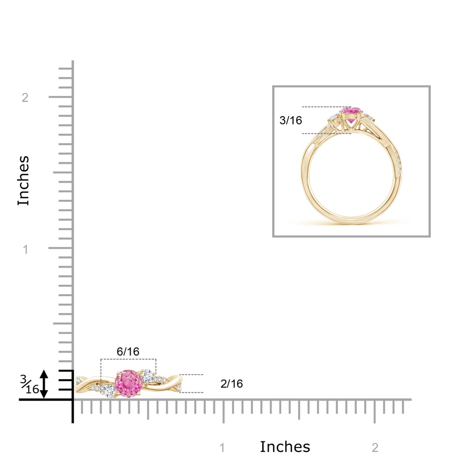 5mm AA Nature Inspired Pink Sapphire & Diamond Twisted Vine Ring in Yellow Gold ruler