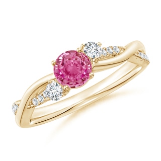 5mm AAA Nature Inspired Pink Sapphire & Diamond Twisted Vine Ring in Yellow Gold