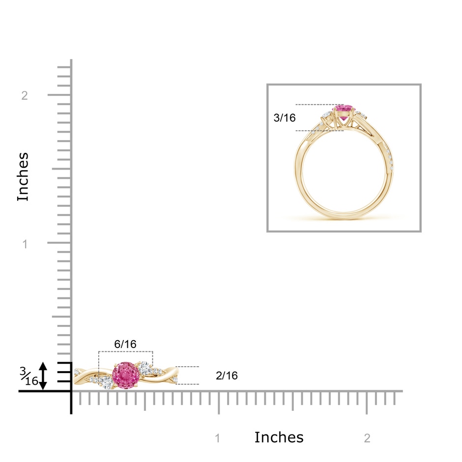 5mm AAA Nature Inspired Pink Sapphire & Diamond Twisted Vine Ring in Yellow Gold ruler