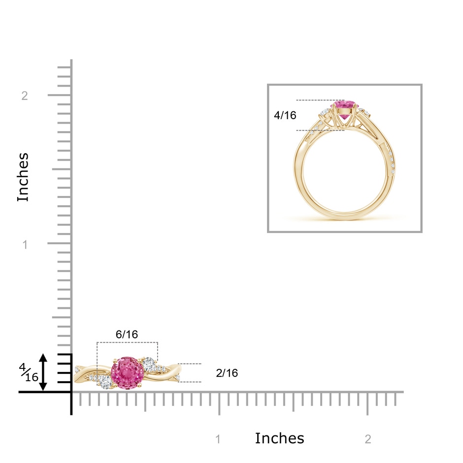 6mm AAA Nature Inspired Pink Sapphire & Diamond Twisted Vine Ring in Yellow Gold ruler