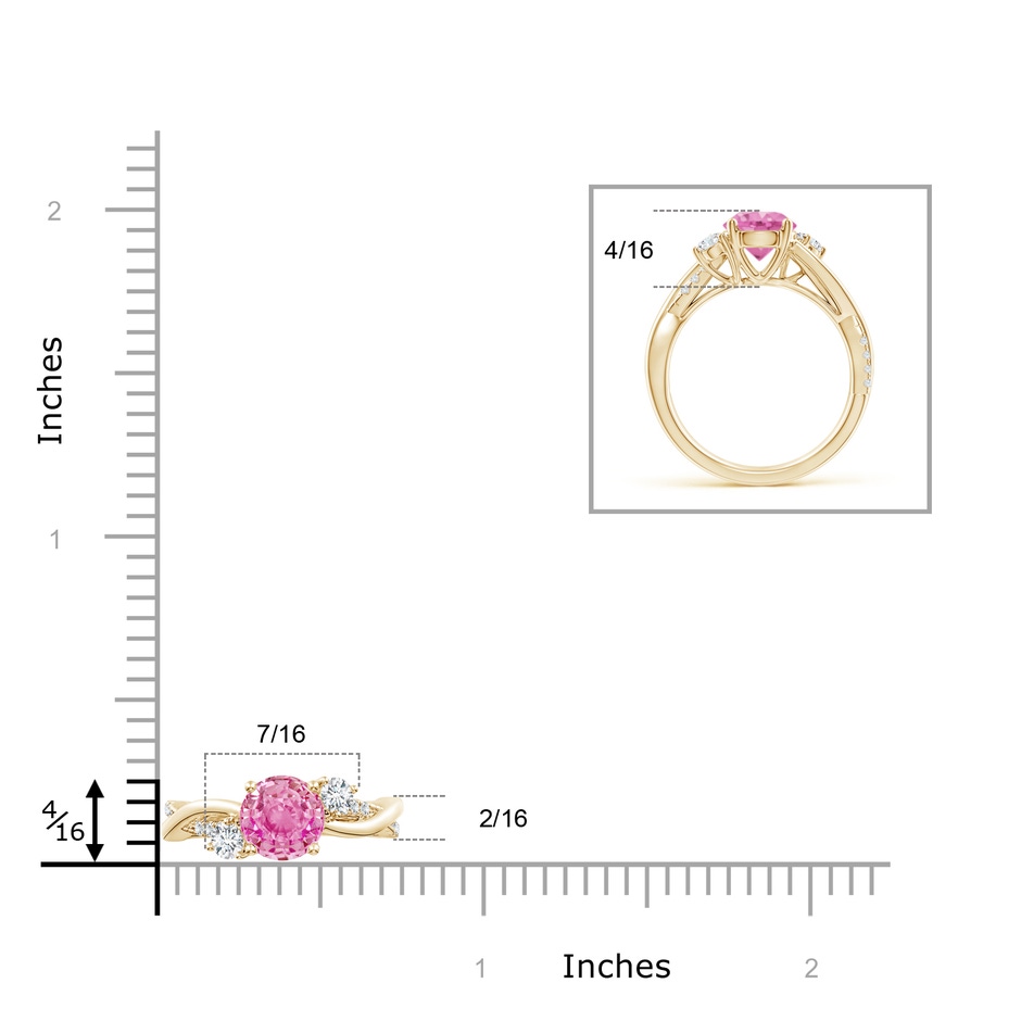 7mm AA Nature Inspired Pink Sapphire & Diamond Twisted Vine Ring in Yellow Gold ruler