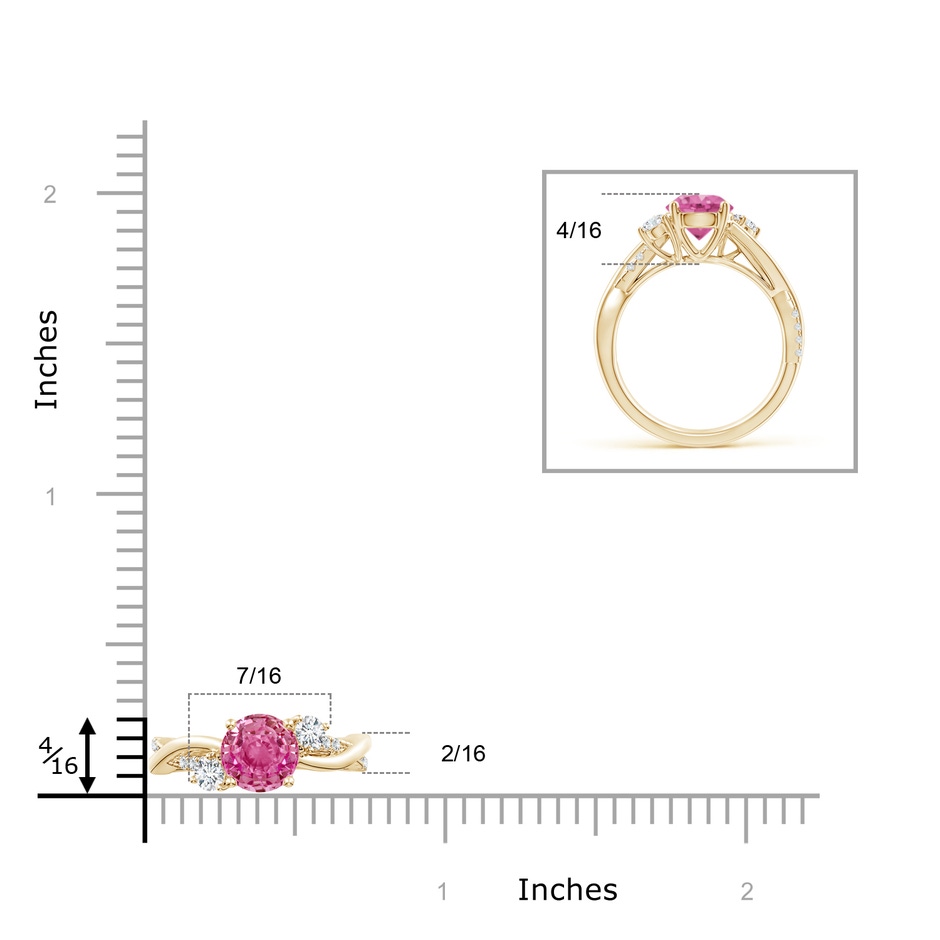 7mm AAA Nature Inspired Pink Sapphire & Diamond Twisted Vine Ring in Yellow Gold ruler