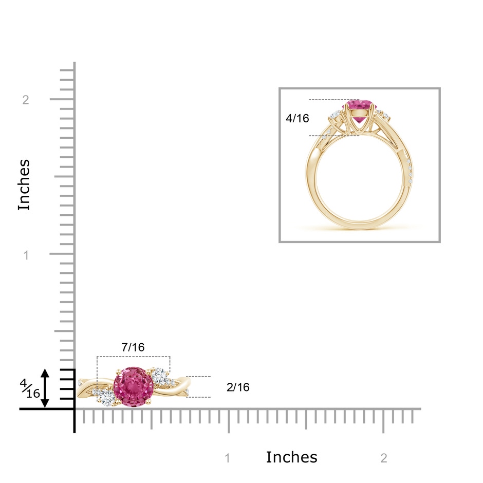 7mm AAAA Nature Inspired Pink Sapphire & Diamond Twisted Vine Ring in Yellow Gold Ruler