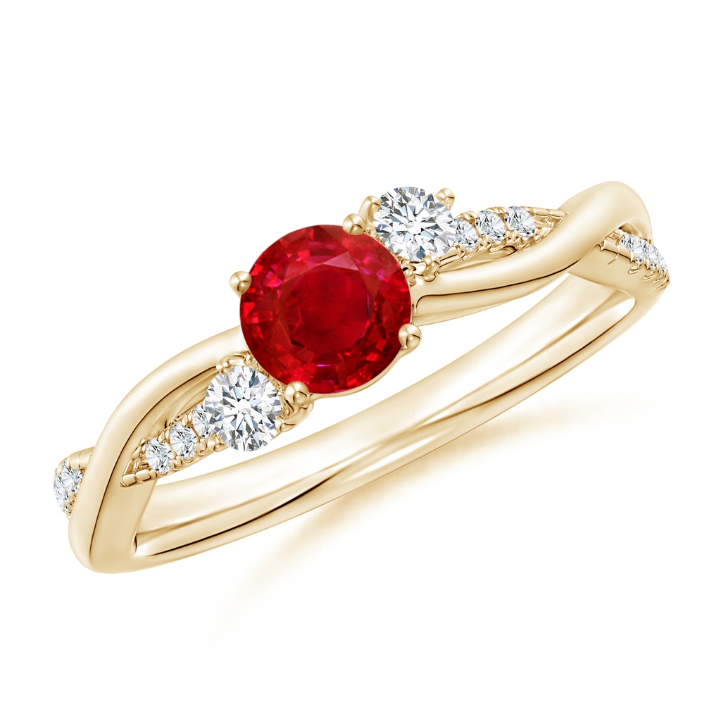 5mm AAA Nature Inspired Ruby & Diamond Twisted Vine Ring in Yellow Gold