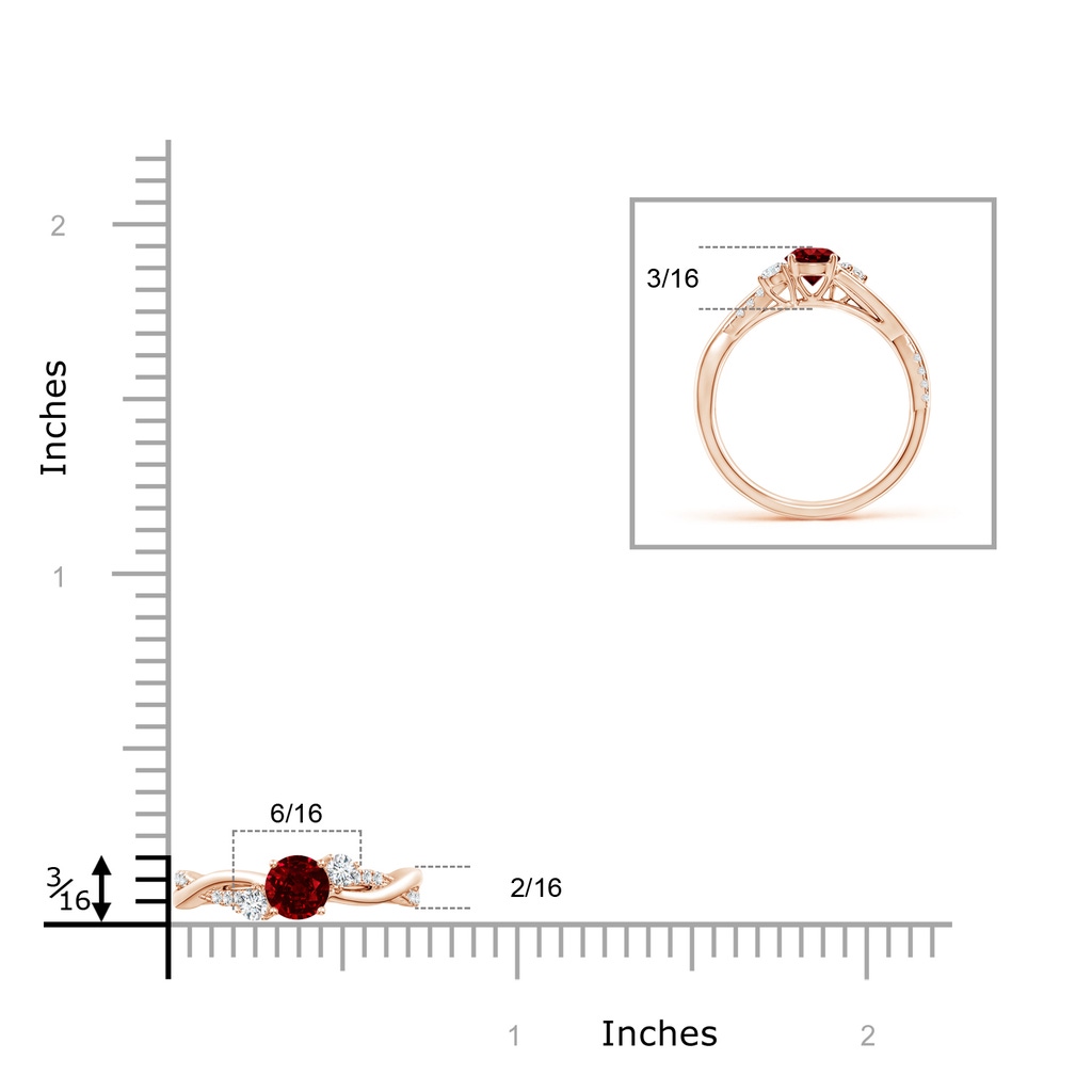 5mm AAAA Nature Inspired Ruby & Diamond Twisted Vine Ring in Rose Gold ruler