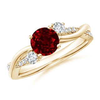 6mm AAAA Nature Inspired Ruby & Diamond Twisted Vine Ring in Yellow Gold