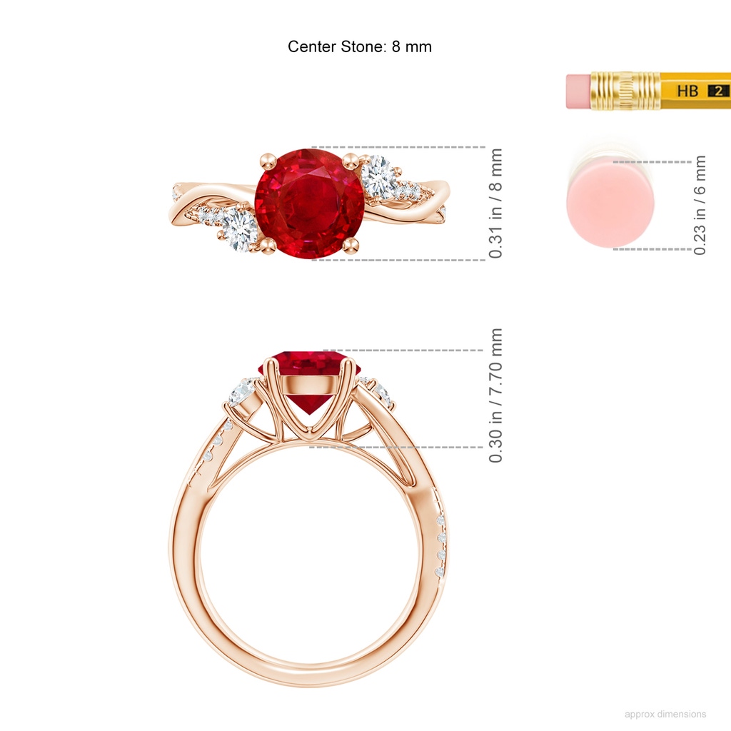 8mm AAA Nature Inspired Ruby & Diamond Twisted Vine Ring in Rose Gold ruler