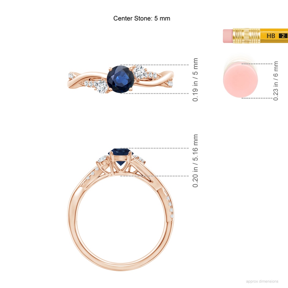 5mm AA Nature Inspired Blue Sapphire & Diamond Twisted Vine Ring in Rose Gold ruler