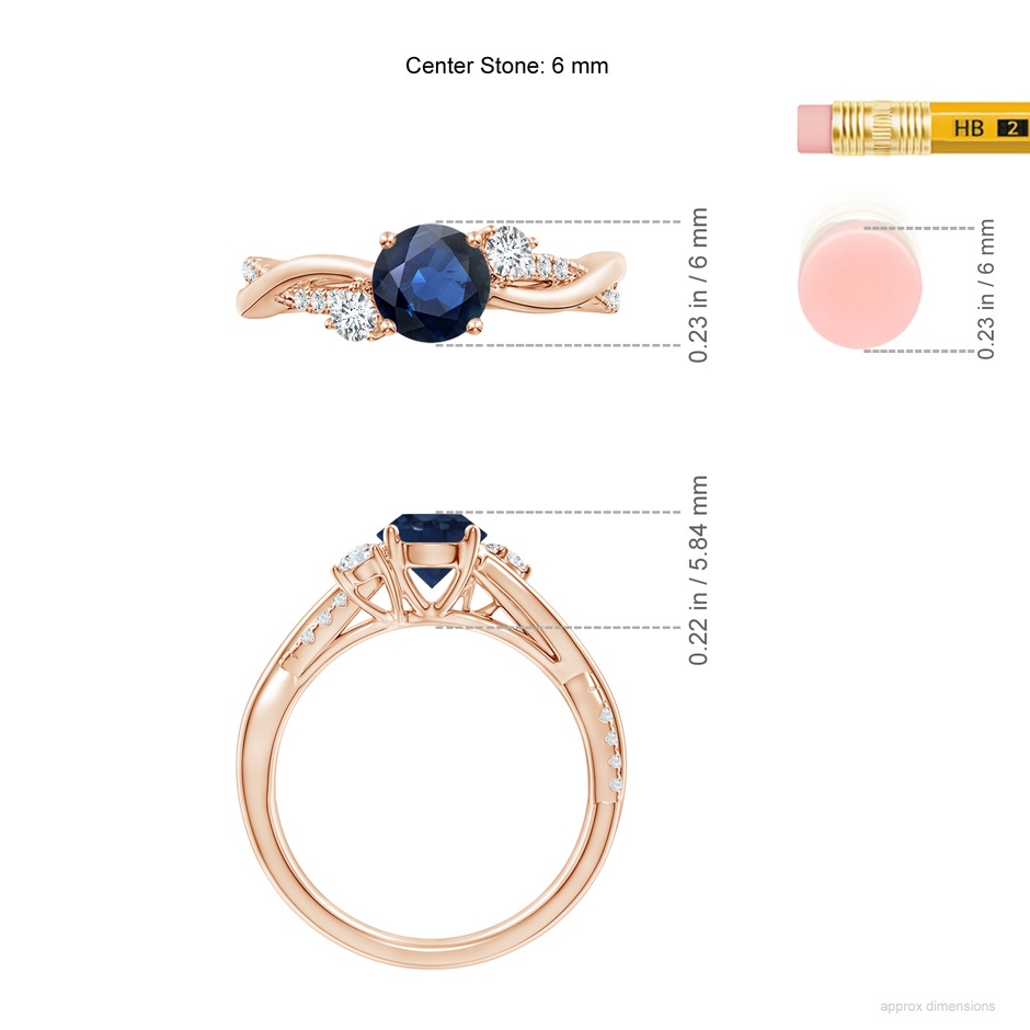 6mm AA Nature Inspired Blue Sapphire & Diamond Twisted Vine Ring in Rose Gold ruler