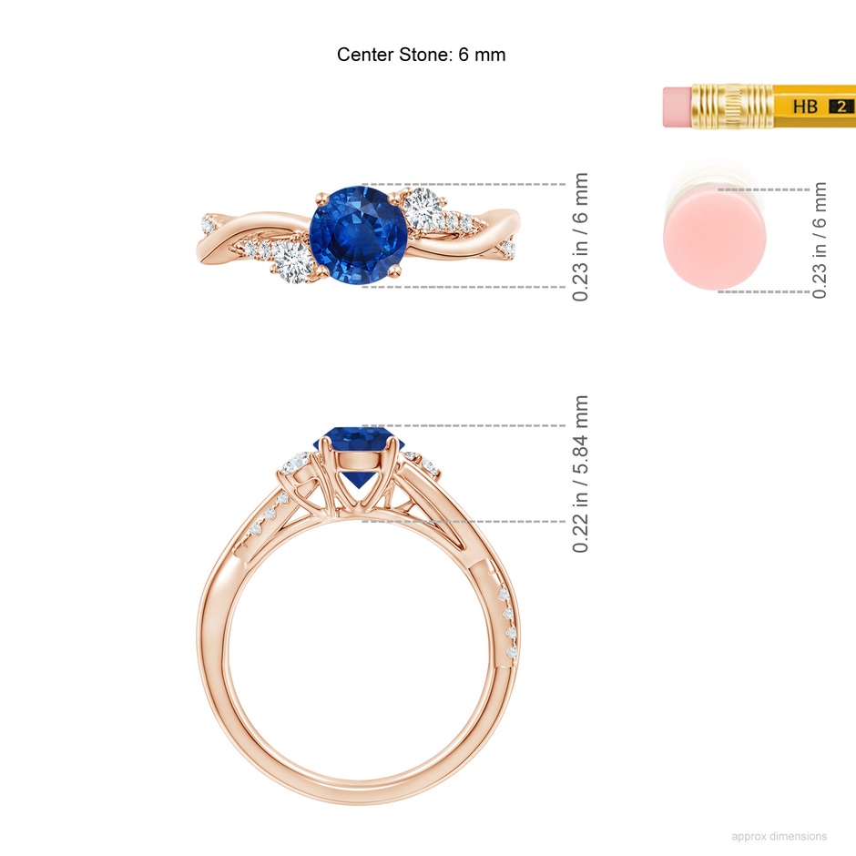 6mm AAA Nature Inspired Blue Sapphire & Diamond Twisted Vine Ring in Rose Gold ruler