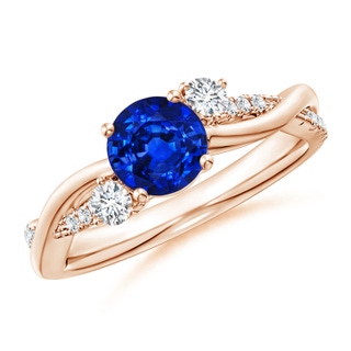 6mm AAAA Nature Inspired Blue Sapphire & Diamond Twisted Vine Ring in 18K Rose Gold