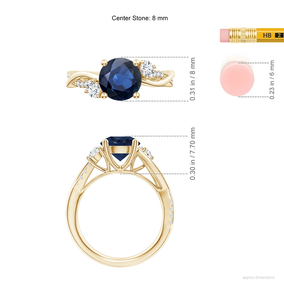 8mm AA Nature Inspired Blue Sapphire & Diamond Twisted Vine Ring in Yellow Gold ruler