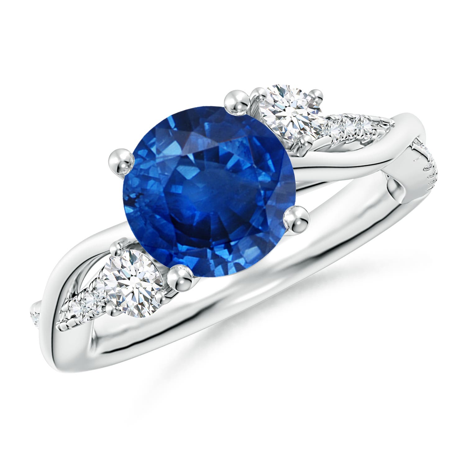 8mm AAA Nature Inspired Blue Sapphire & Diamond Twisted Vine Ring in 18K White Gold