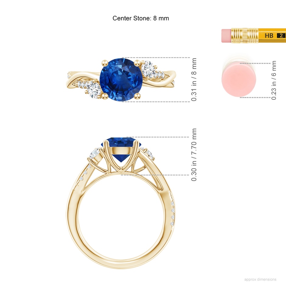 8mm AAA Nature Inspired Blue Sapphire & Diamond Twisted Vine Ring in Yellow Gold ruler