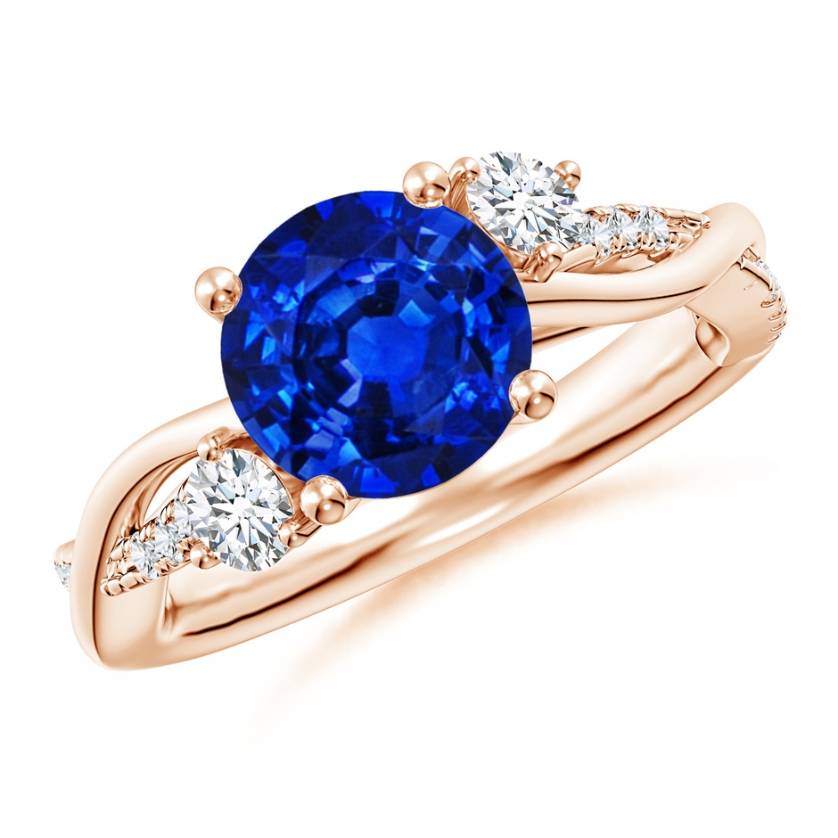 8mm AAAA Nature Inspired Blue Sapphire & Diamond Twisted Vine Ring in 18K Rose Gold 