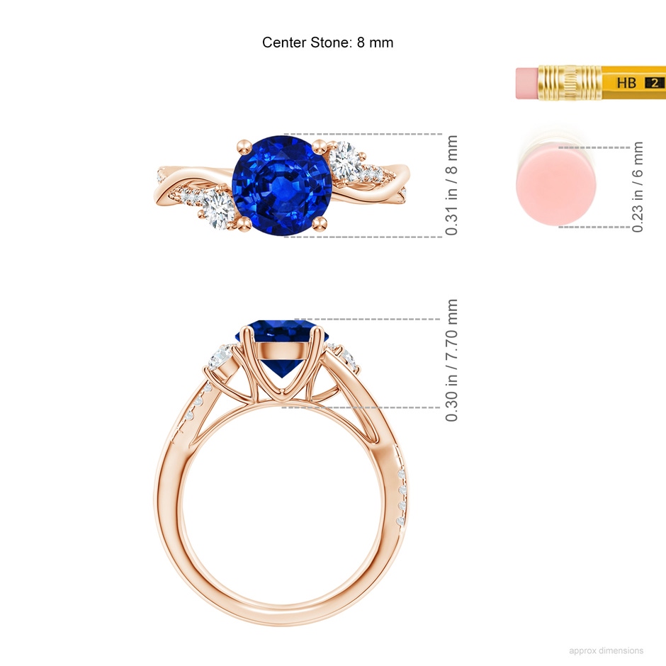 8mm AAAA Nature Inspired Blue Sapphire & Diamond Twisted Vine Ring in Rose Gold ruler