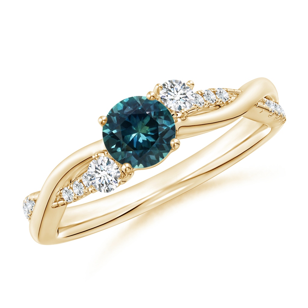5mm AAA Nature Inspired Teal Montana Sapphire & Diamond Twisted Vine Ring in Yellow Gold