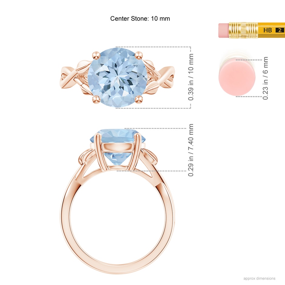 10mm AA Nature Inspired Aquamarine Crossover Ring with Leaf Motifs in 18K Rose Gold ruler