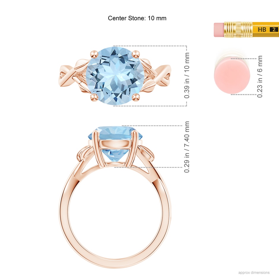 10mm AAA Nature Inspired Aquamarine Crossover Ring with Leaf Motifs in Rose Gold ruler