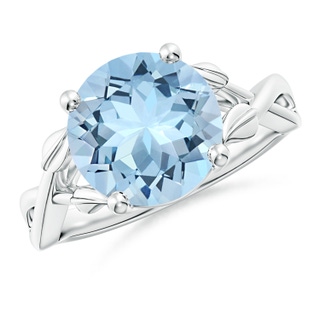 10mm AAA Nature Inspired Aquamarine Crossover Ring with Leaf Motifs in White Gold