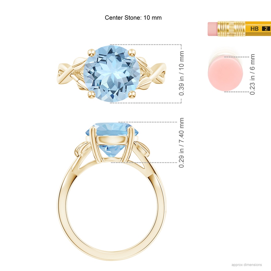 10mm AAA Nature Inspired Aquamarine Crossover Ring with Leaf Motifs in Yellow Gold ruler