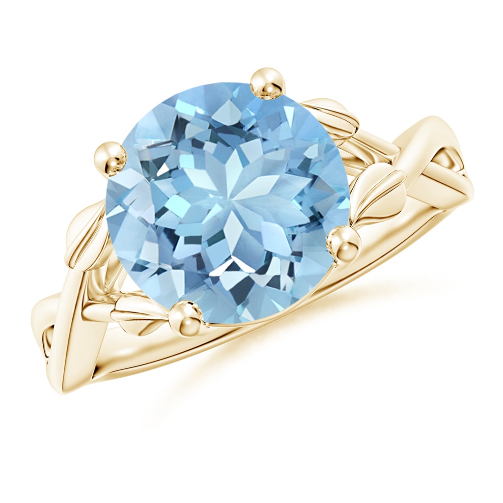 10mm AAAA Nature Inspired Aquamarine Crossover Ring with Leaf Motifs in Yellow Gold
