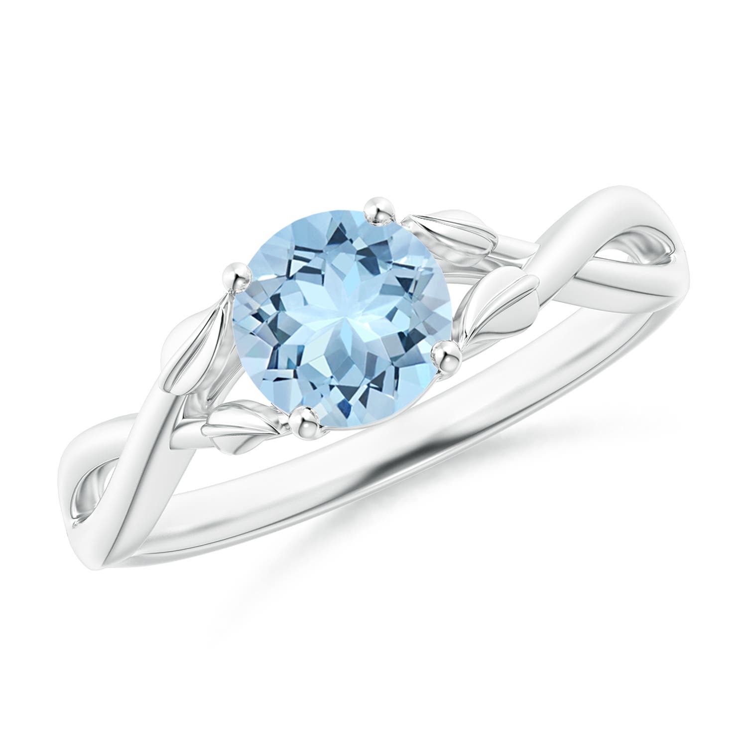 6mm AAA Nature Inspired Aquamarine Crossover Ring with Leaf Motifs in P950 Platinum