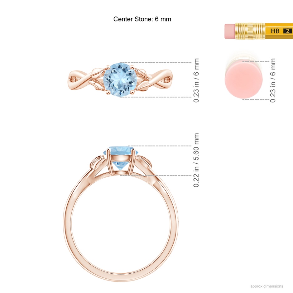 6mm AAA Nature Inspired Aquamarine Crossover Ring with Leaf Motifs in Rose Gold ruler