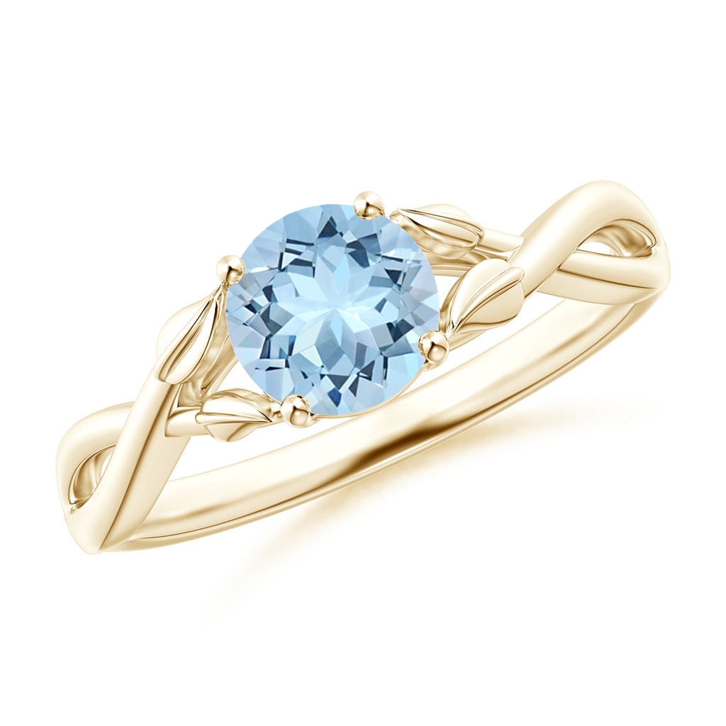 6mm AAA Nature Inspired Aquamarine Crossover Ring with Leaf Motifs in Yellow Gold