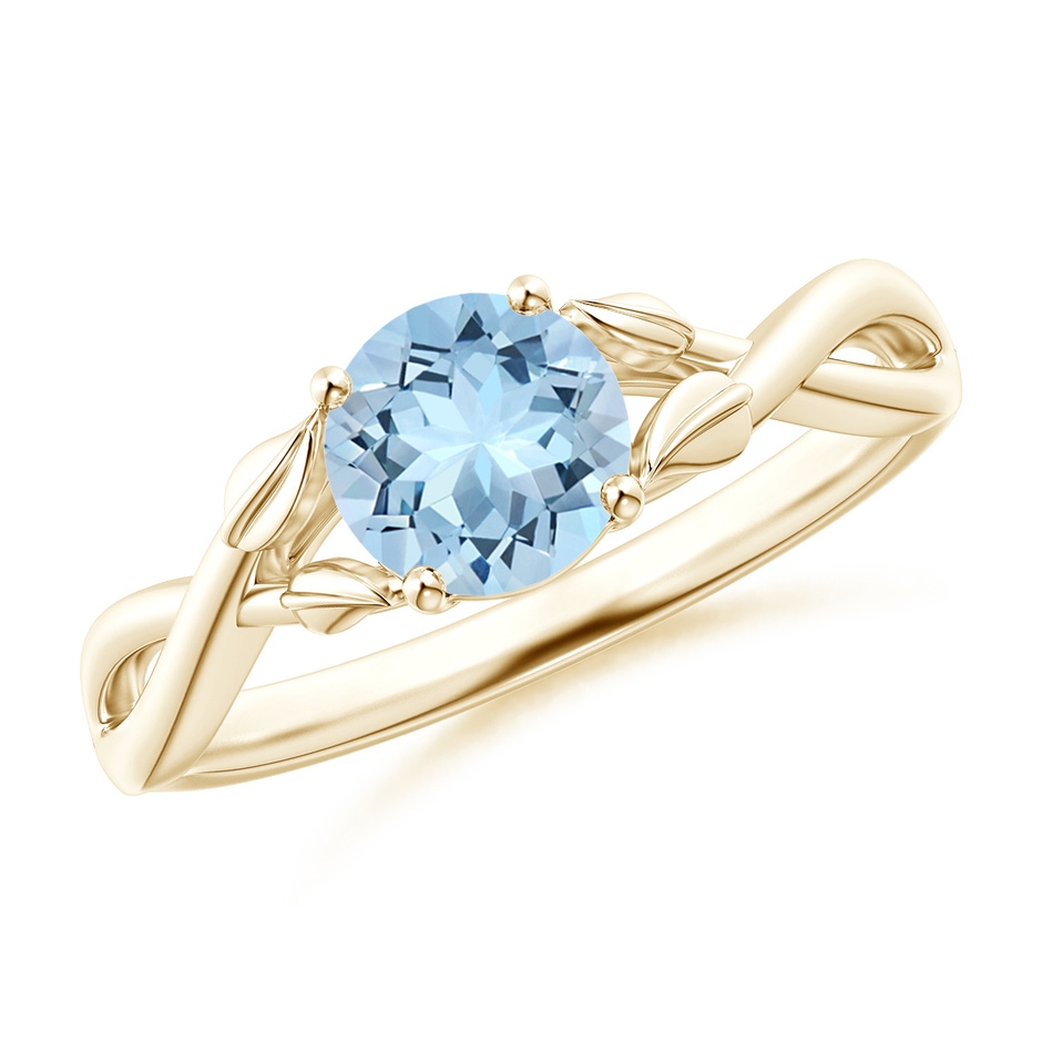 6mm AAA Nature Inspired Aquamarine Crossover Ring with Leaf Motifs in Yellow Gold 