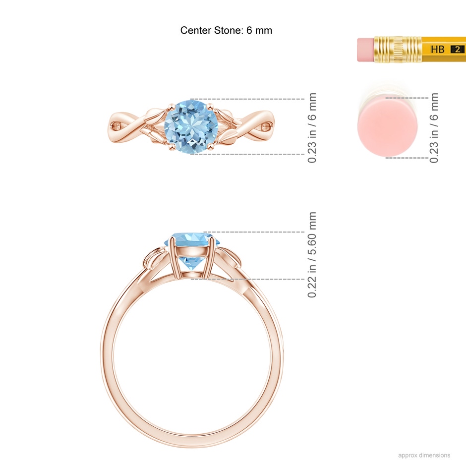 6mm AAAA Nature Inspired Aquamarine Crossover Ring with Leaf Motifs in Rose Gold ruler