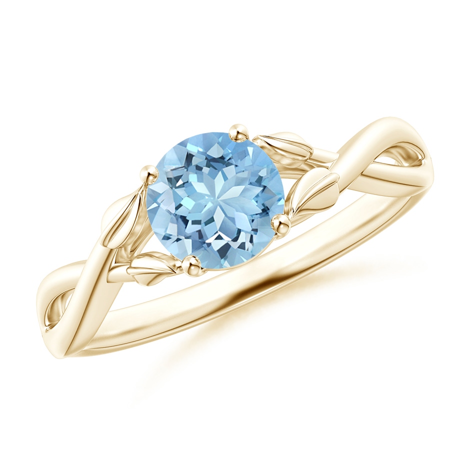 6mm AAAA Nature Inspired Aquamarine Crossover Ring with Leaf Motifs in Yellow Gold 