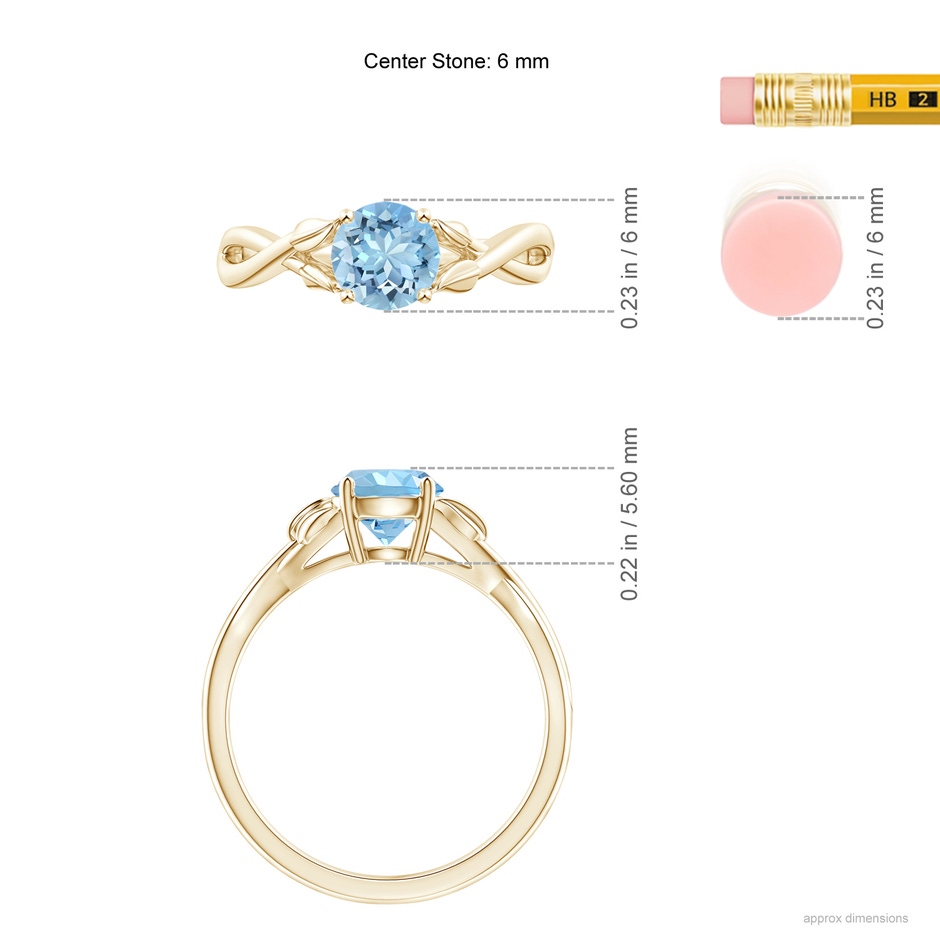 6mm AAAA Nature Inspired Aquamarine Crossover Ring with Leaf Motifs in Yellow Gold ruler
