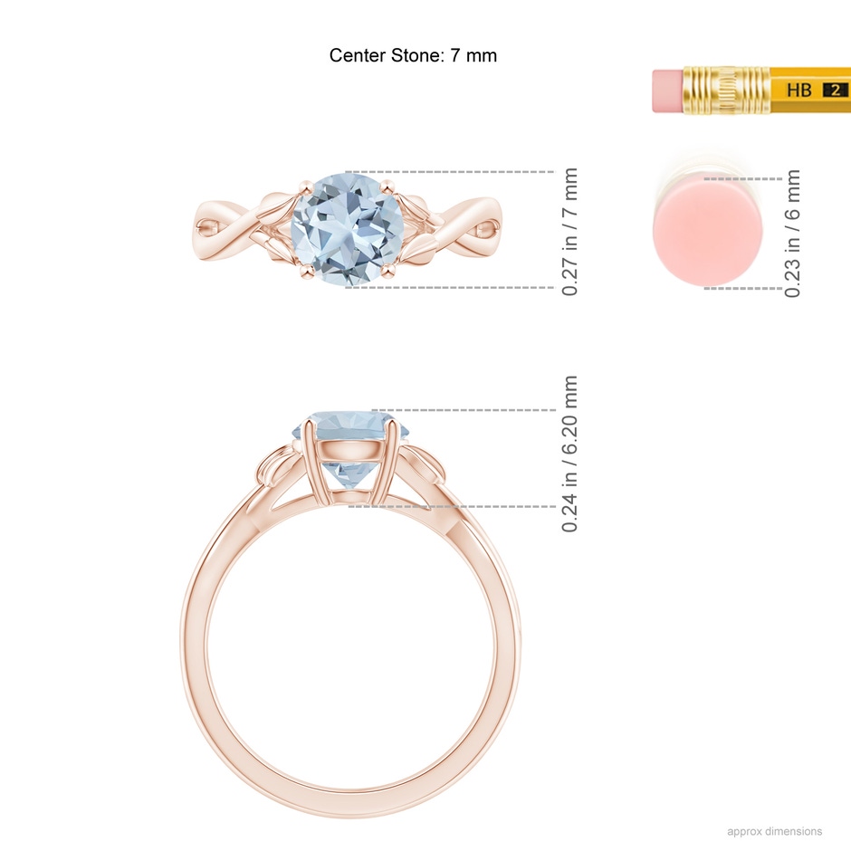 7mm A Nature Inspired Aquamarine Crossover Ring with Leaf Motifs in Rose Gold ruler