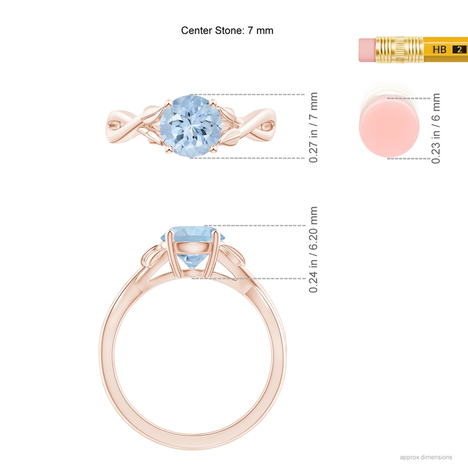 7mm AA Nature Inspired Aquamarine Crossover Ring with Leaf Motifs in Rose Gold ruler