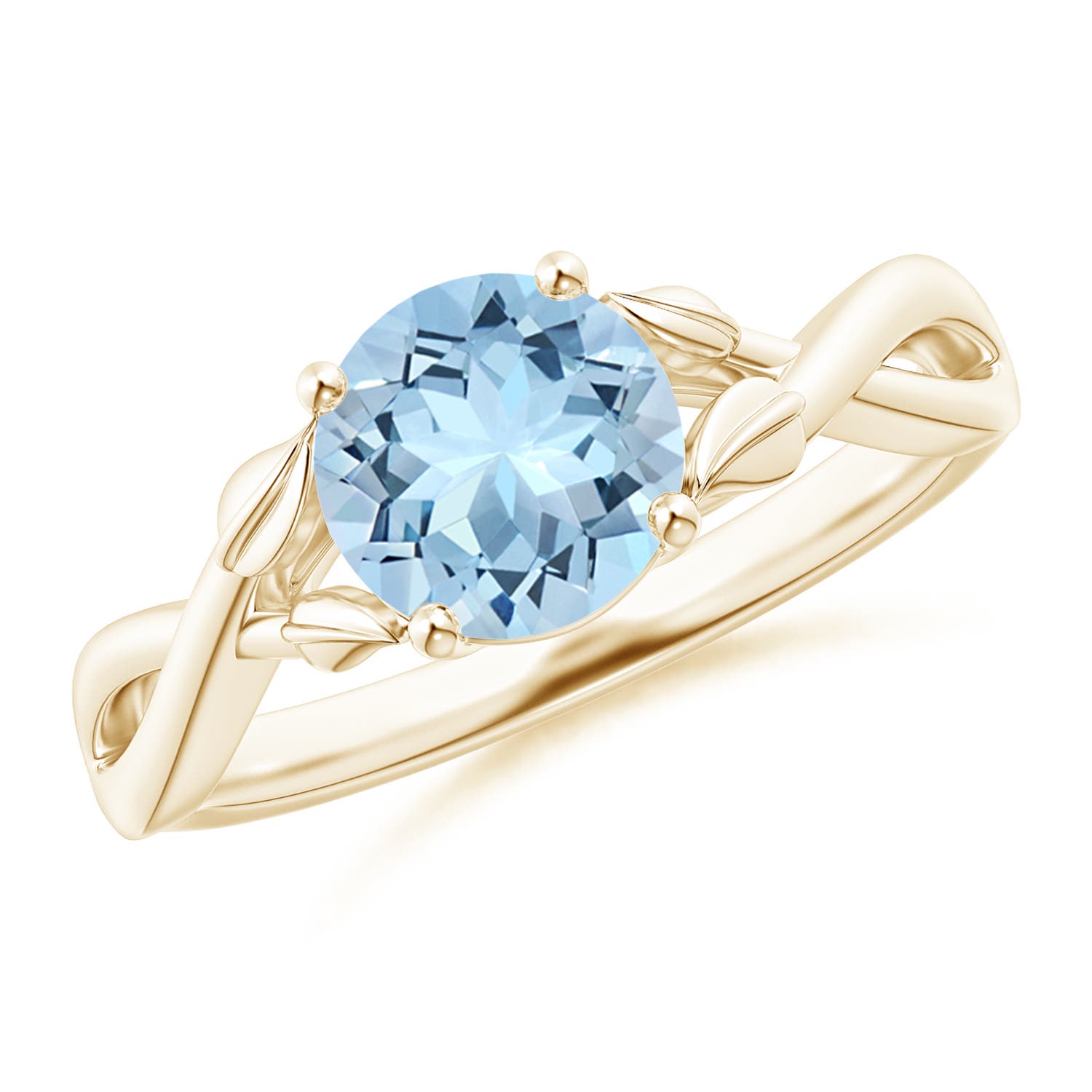 7mm AAA Nature Inspired Aquamarine Crossover Ring with Leaf Motifs in Yellow Gold