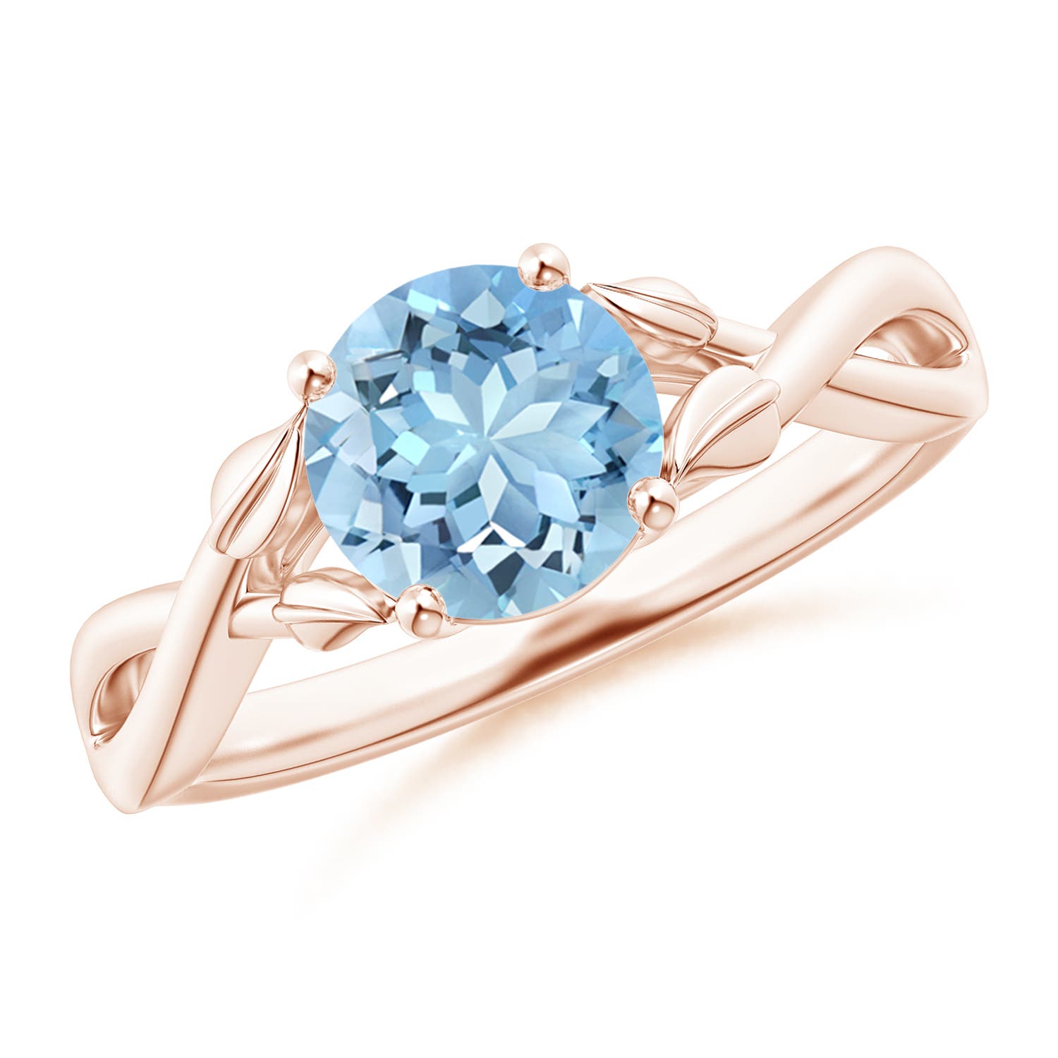 7mm AAAA Nature Inspired Aquamarine Crossover Ring with Leaf Motifs in Rose Gold