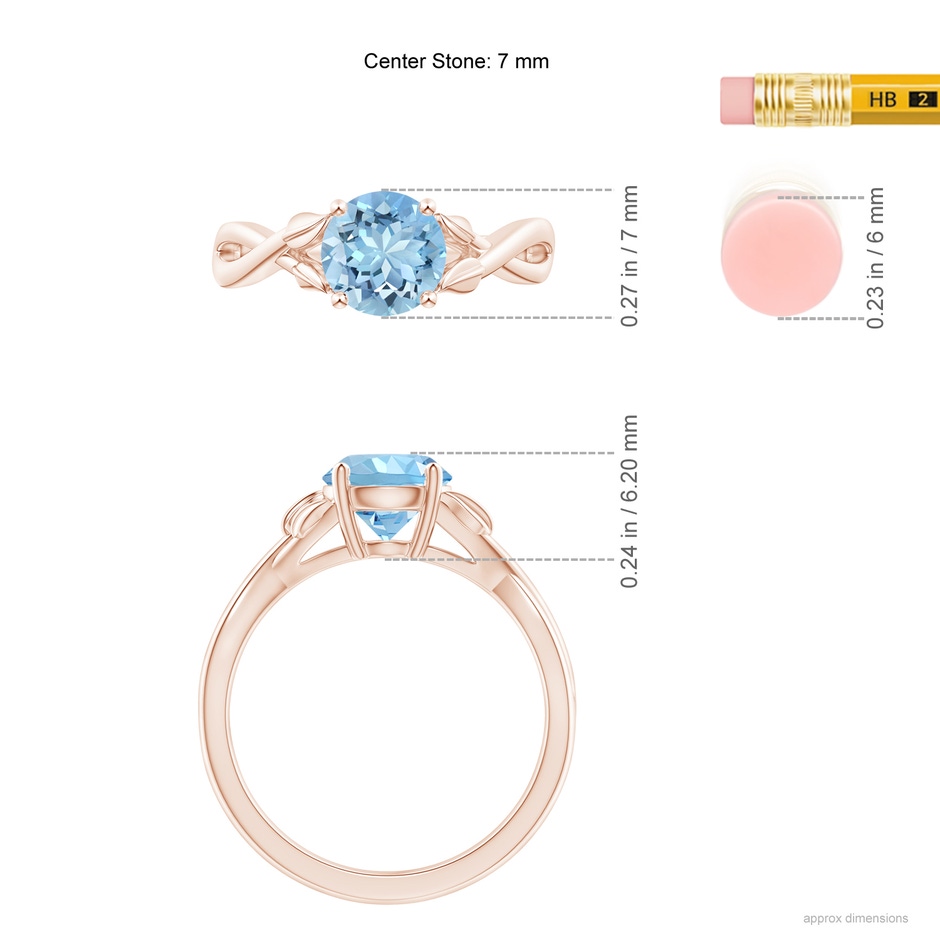 7mm AAAA Nature Inspired Aquamarine Crossover Ring with Leaf Motifs in Rose Gold ruler