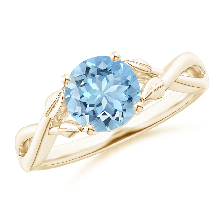 7mm AAAA Nature Inspired Aquamarine Crossover Ring with Leaf Motifs in Yellow Gold 