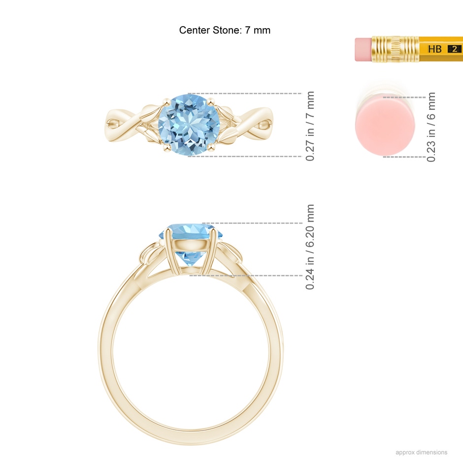 7mm AAAA Nature Inspired Aquamarine Crossover Ring with Leaf Motifs in Yellow Gold ruler