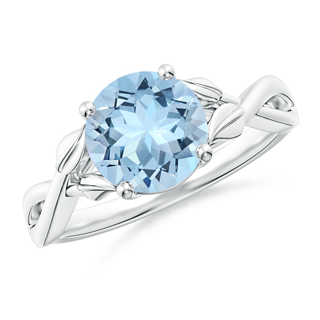 8mm AAA Nature Inspired Aquamarine Crossover Ring with Leaf Motifs in 18K White Gold