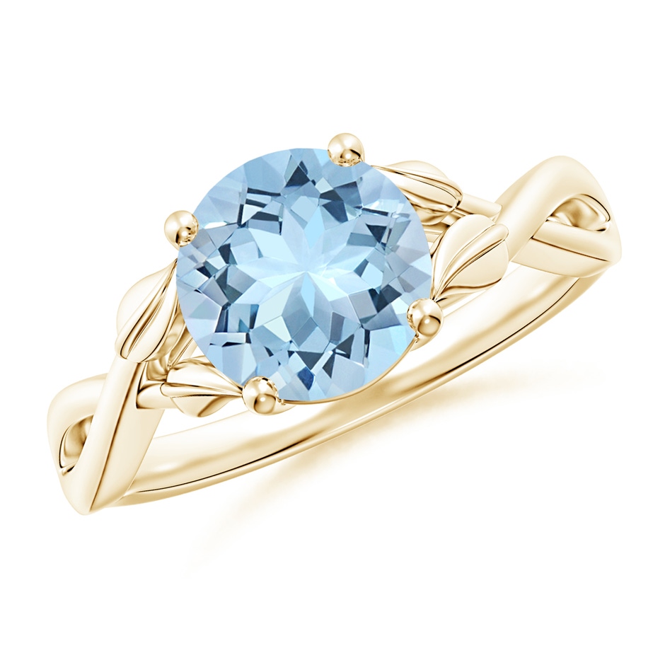 8mm AAA Nature Inspired Aquamarine Crossover Ring with Leaf Motifs in Yellow Gold 