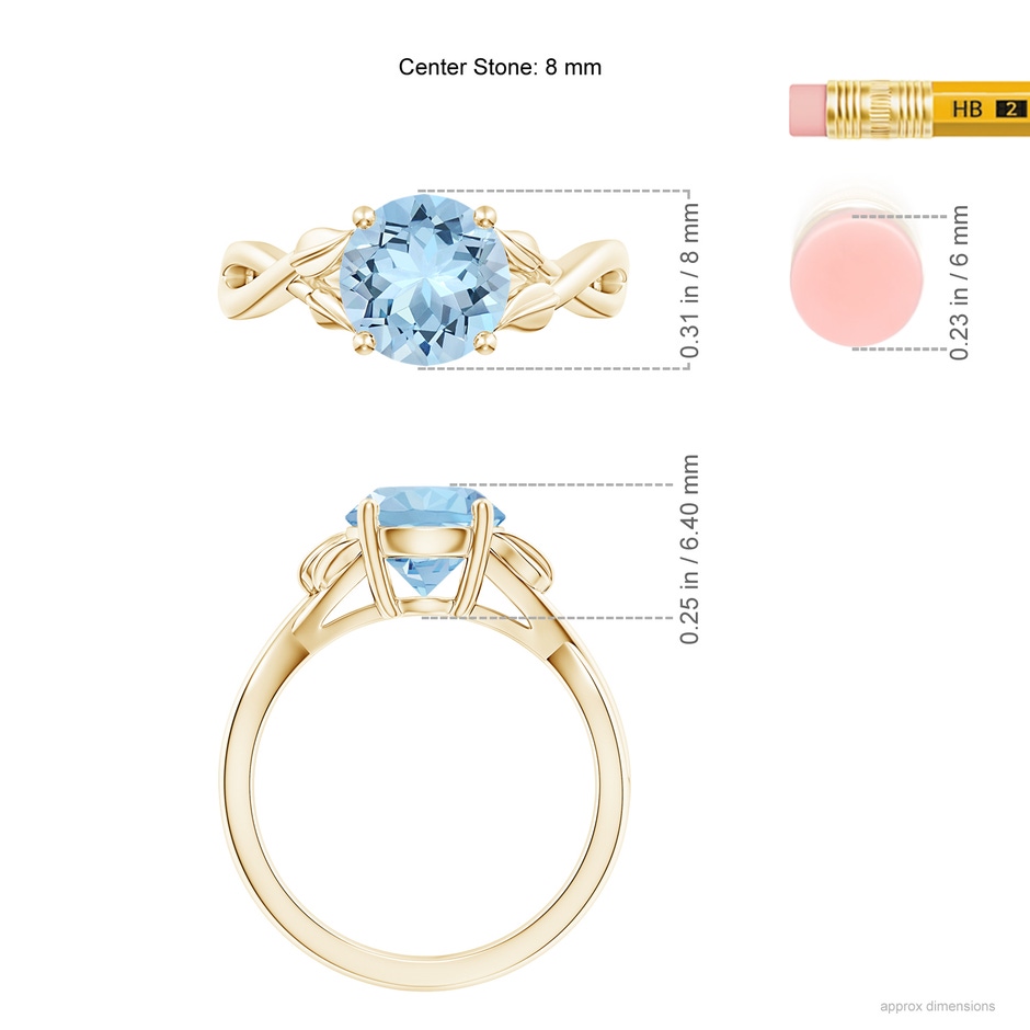 8mm AAA Nature Inspired Aquamarine Crossover Ring with Leaf Motifs in Yellow Gold ruler