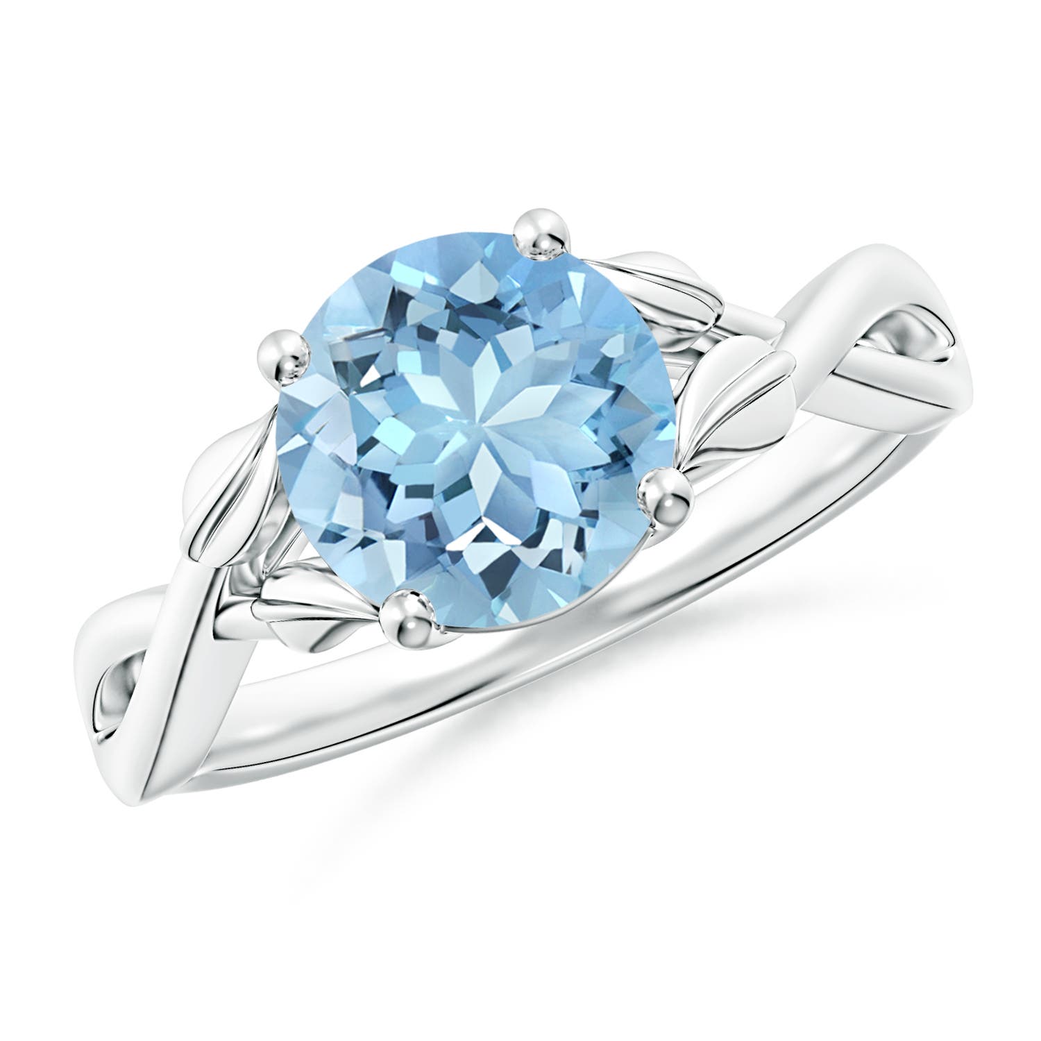 8mm AAAA Nature Inspired Aquamarine Crossover Ring with Leaf Motifs in P950 Platinum