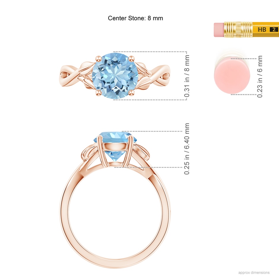 8mm AAAA Nature Inspired Aquamarine Crossover Ring with Leaf Motifs in Rose Gold ruler