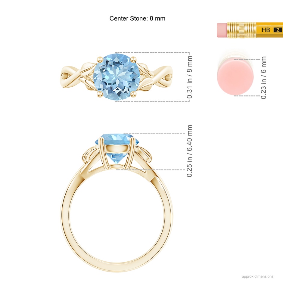 8mm AAAA Nature Inspired Aquamarine Crossover Ring with Leaf Motifs in Yellow Gold ruler